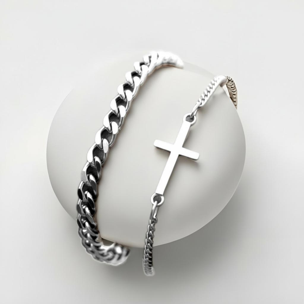 Men's Silver Cross Chain Bracelet Set
