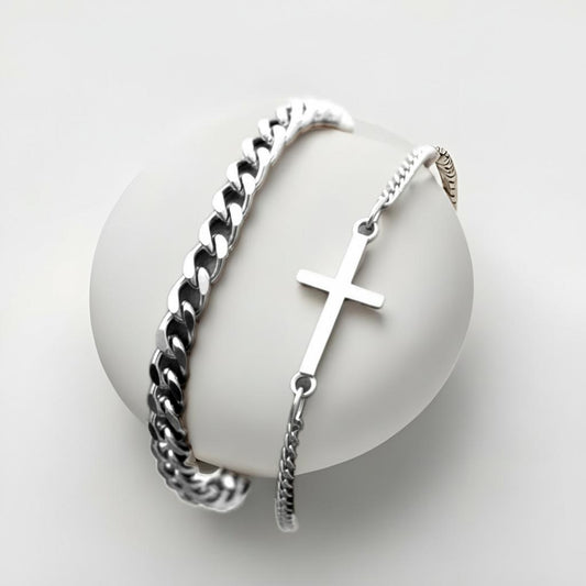 Men's Silver Cross Chain Bracelet Set