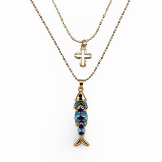 Blue Ichthys & Cross Layered Necklace Set