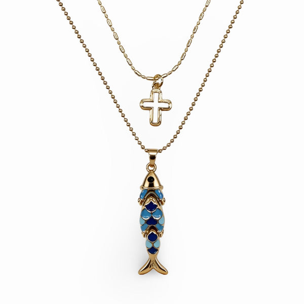 Blue Ichthys & Cross Layered Necklace Set