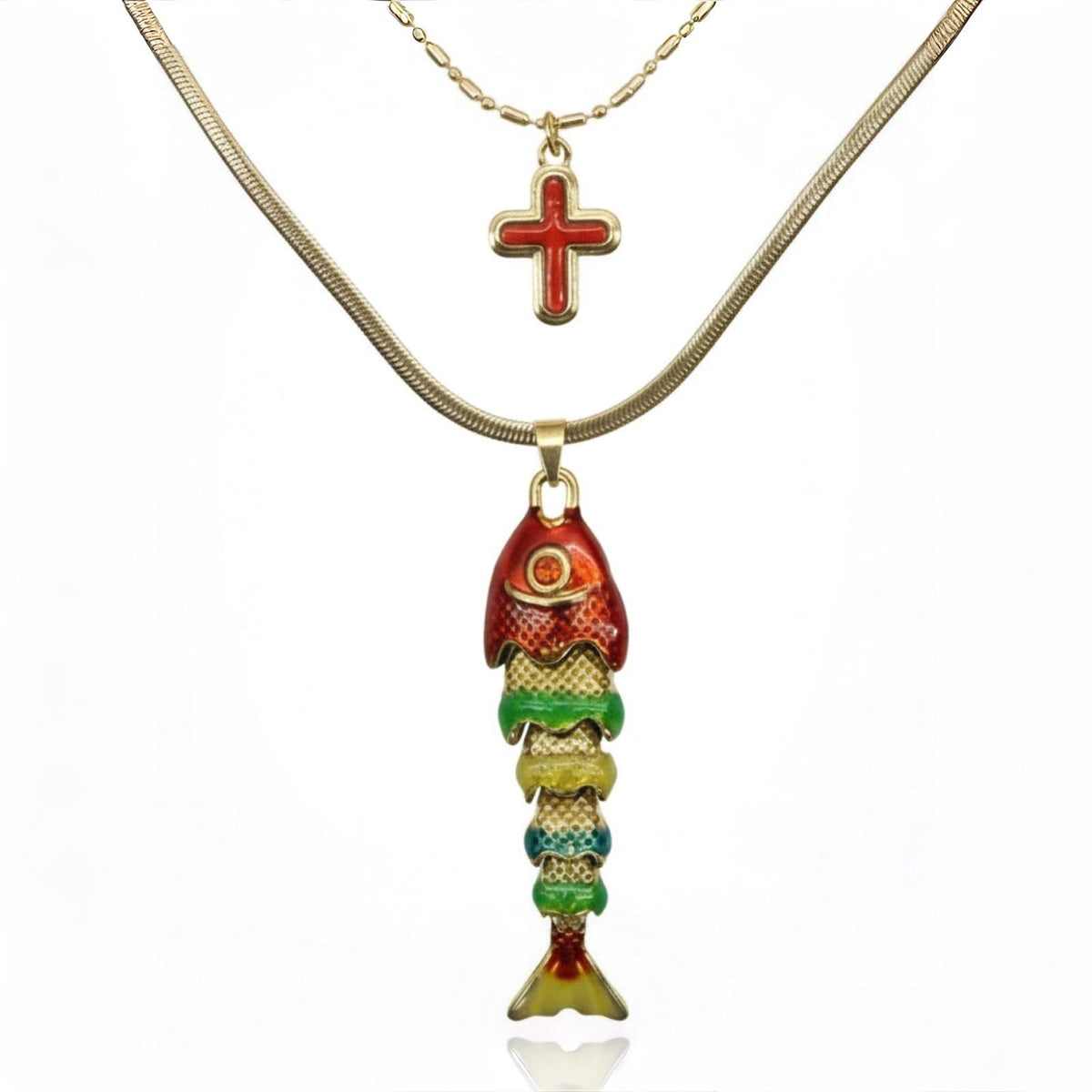 Red Ichthys & Cross Layered Necklace Set