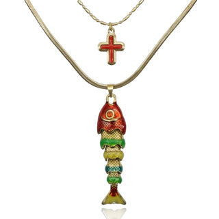 Red Ichthys & Cross Layered Necklace Set