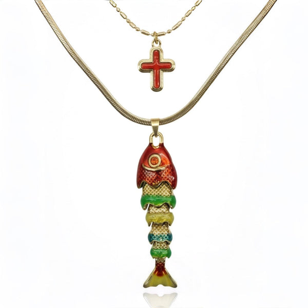 Red Ichthys & Cross Layered Necklace Set