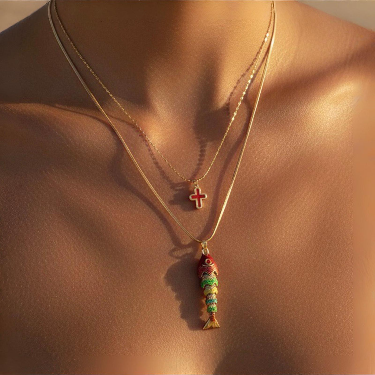 Red Ichthys & Cross Layered Necklace Set