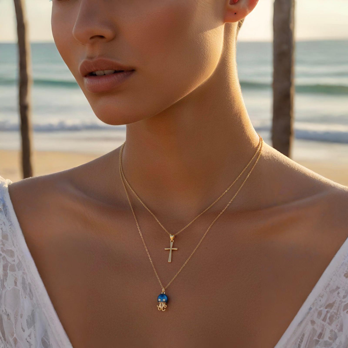 Azure Jellyfish & Cross Necklace Set