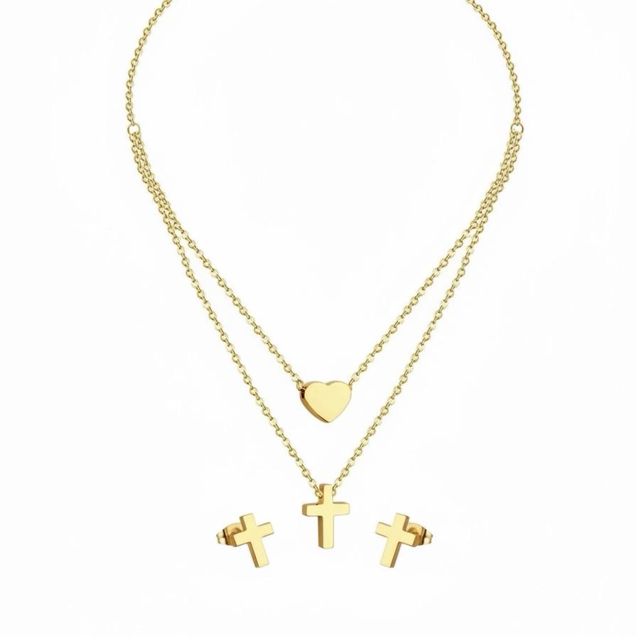 Pure Heart Cross Gold Jewelry Set