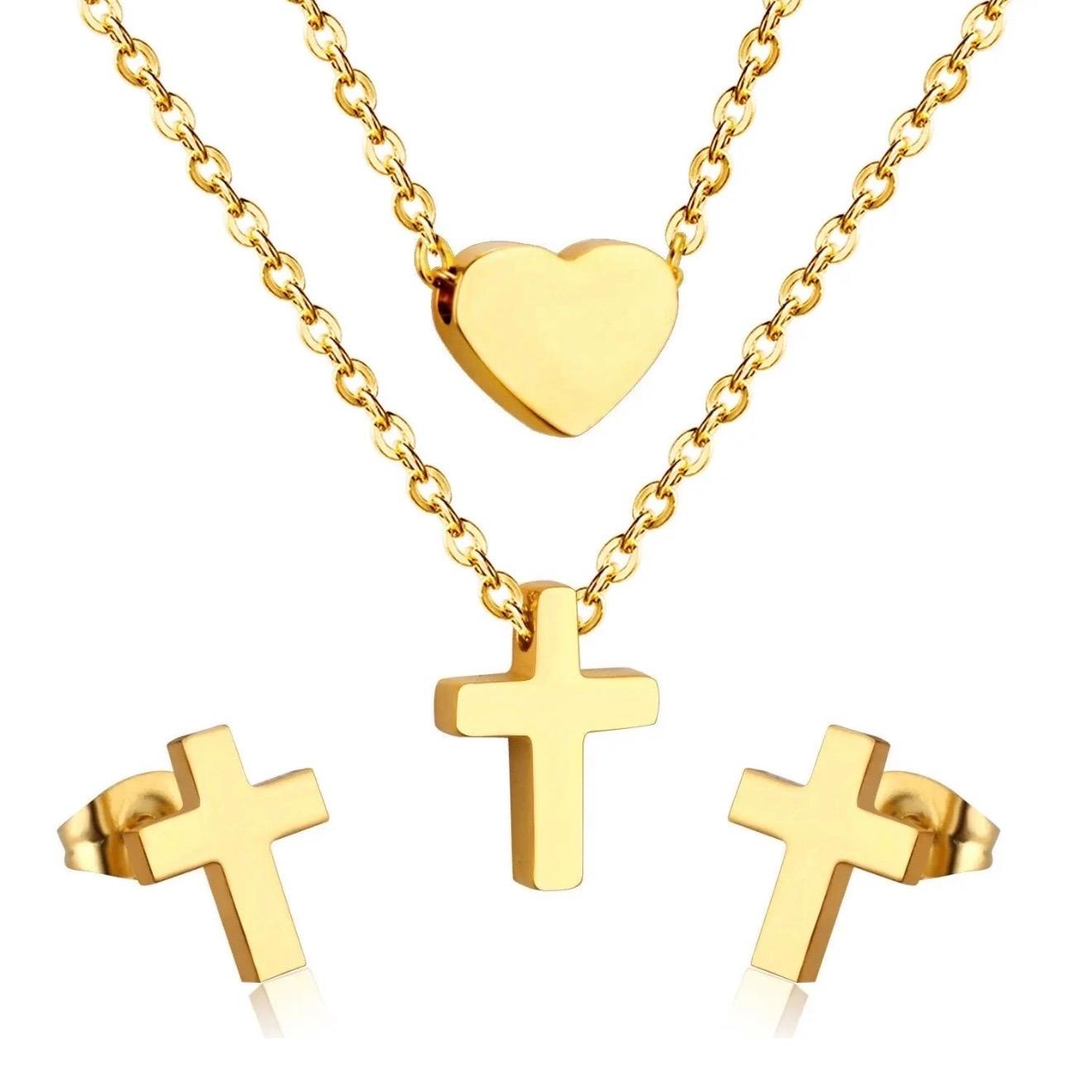 Pure Heart Cross Gold Jewelry Set - Layered Necklace & Earrings