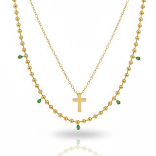 Emerald Drop & Cross Necklace Set