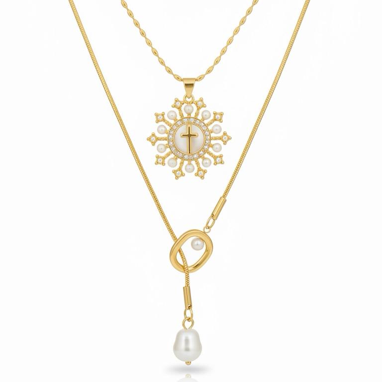 Pearl Lariat & Mother of Pearl Cross Necklace Set