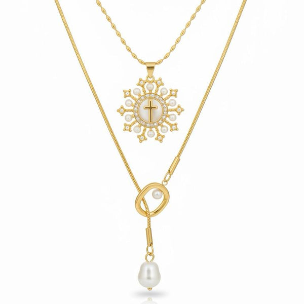 Pearl Lariat & Mother of Pearl Cross Necklace Set