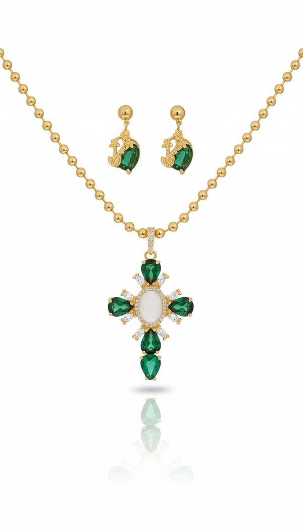 Emerald Compass Cross & Earring Set