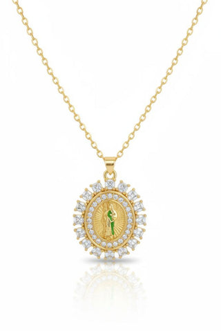 Saint Jude Thaddeus Sunburst Baguette Medallion Necklace