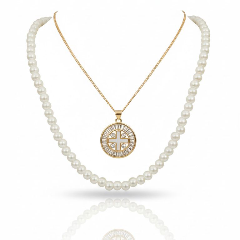 Pearl Bow Knot & Cross Medallion Necklace Set