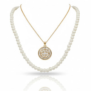 Pearl Bow Knot & Cross Medallion Necklace Set