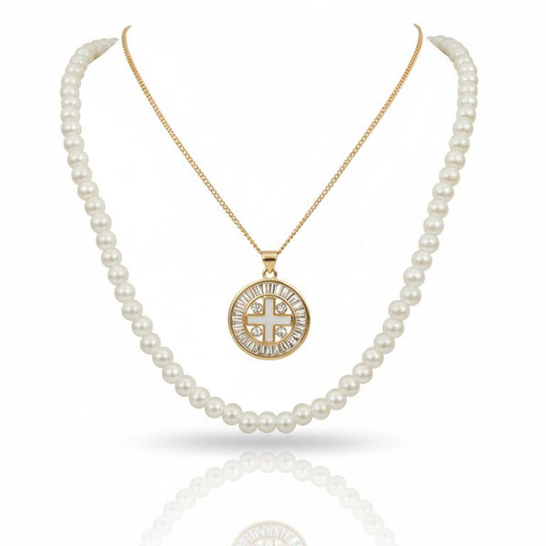 Pearl Bow Knot & Cross Medallion Necklace Set