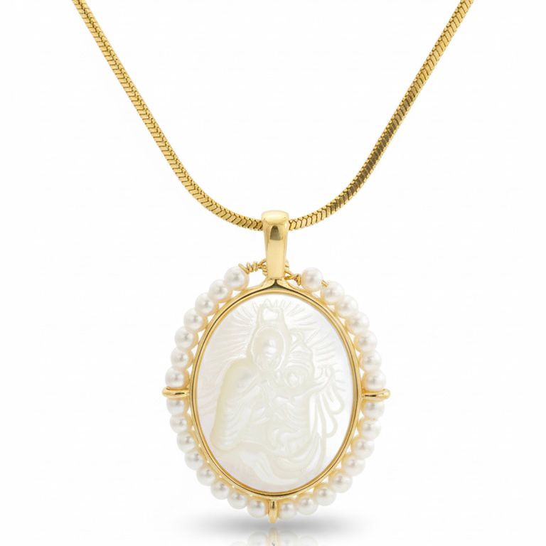 Virgin Mary Mother of Pearl Cameo Necklace