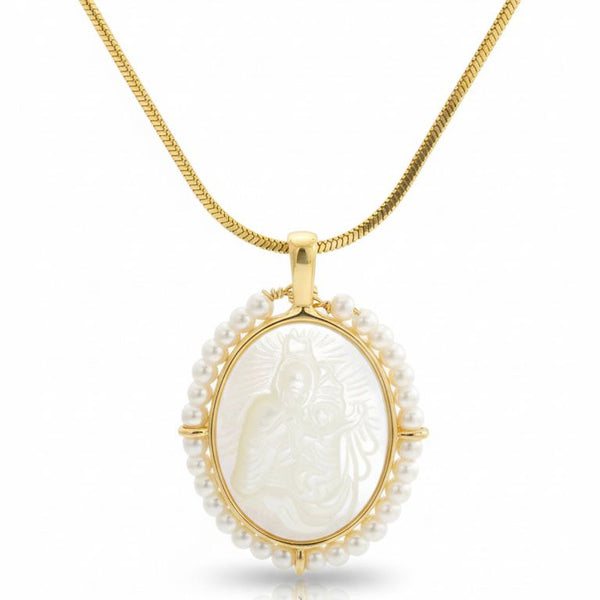 Virgin Mary Mother of Pearl Cameo Necklace