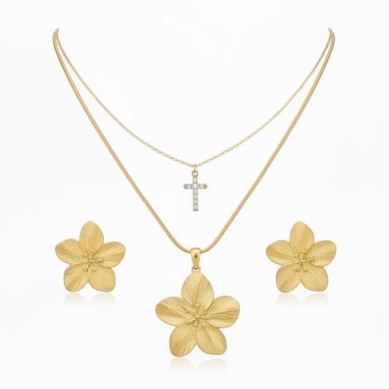 Plumeria Cross Layered Set — Gold