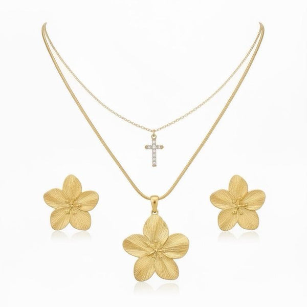 Plumeria Cross Layered Set — Gold
