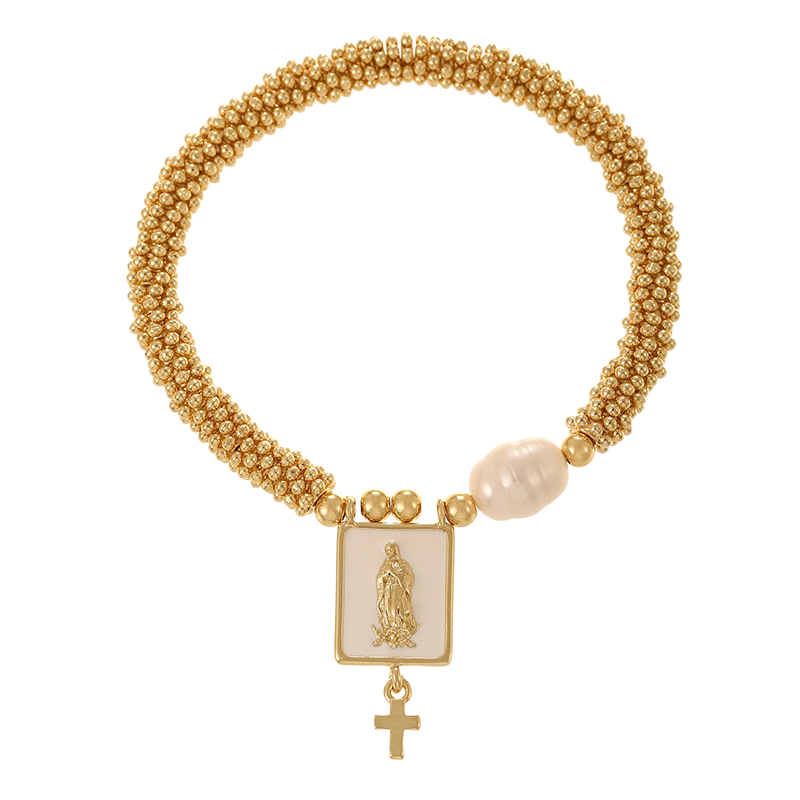 Gold beaded bracelet with a religious charm on a white background