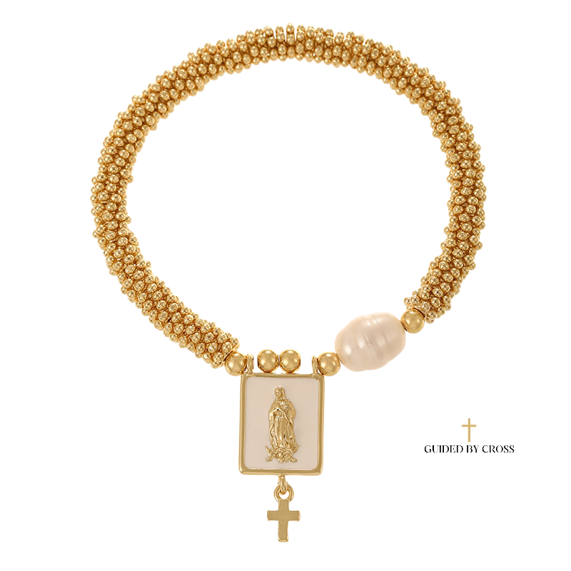 Our Lady of Guadalupe Bracelet with Cross - Gold Pearl Christian Jewelry | GUIDED BY CROSS