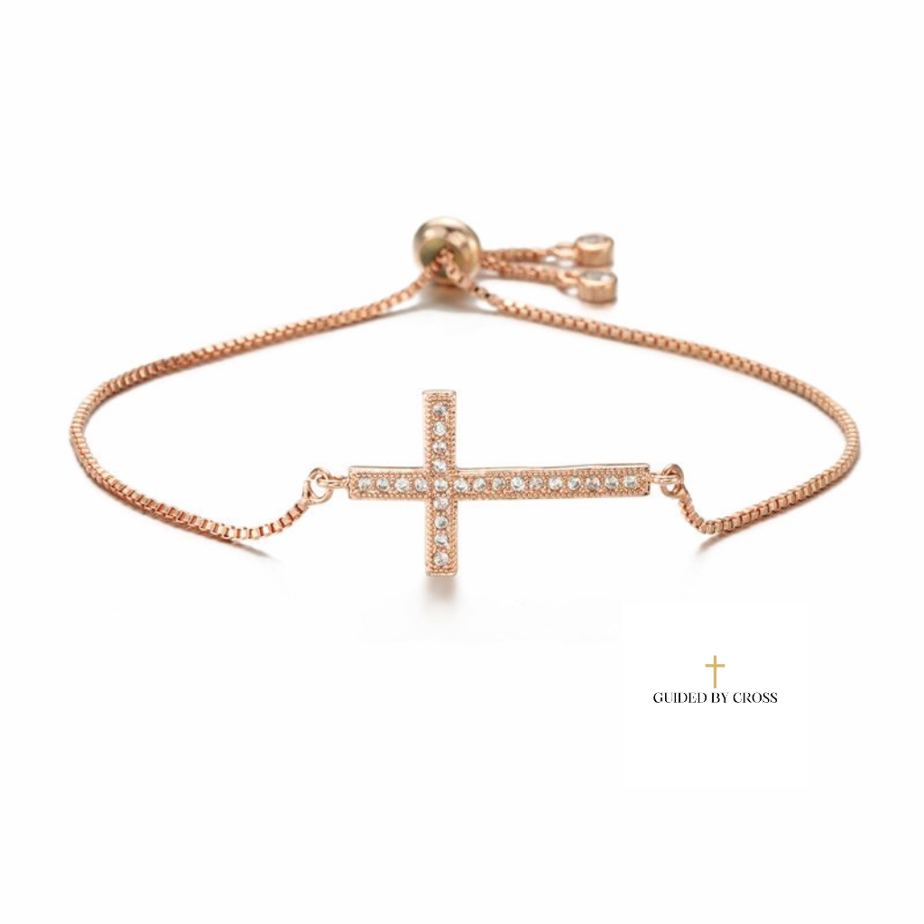 Rose Gold Cross Bracelet with Zirconia Crystals - Adjustable Christian Jewelry | GUIDED BY CROSS