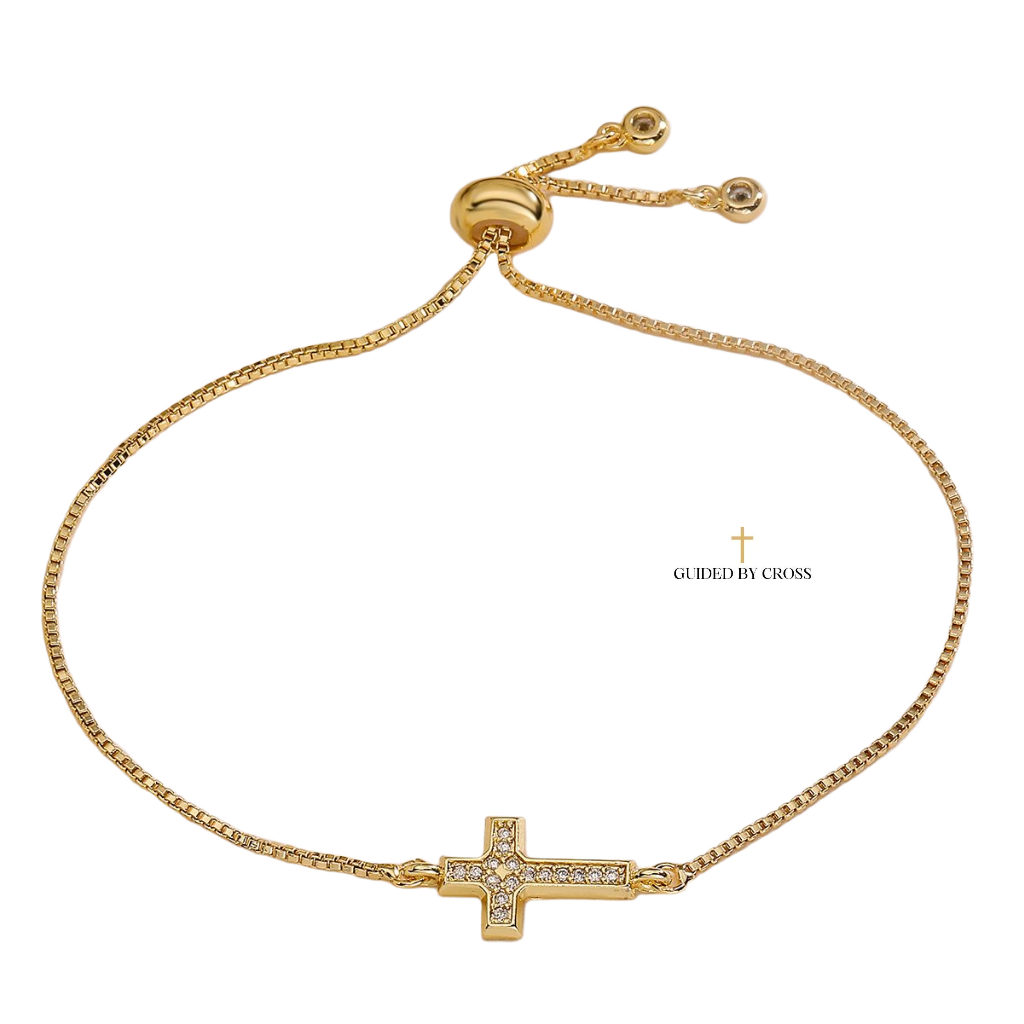 Gold Crystal Cross Adjustable Bracelet - Delicate Chain Christian Jewelry | GUIDED BY CROSS