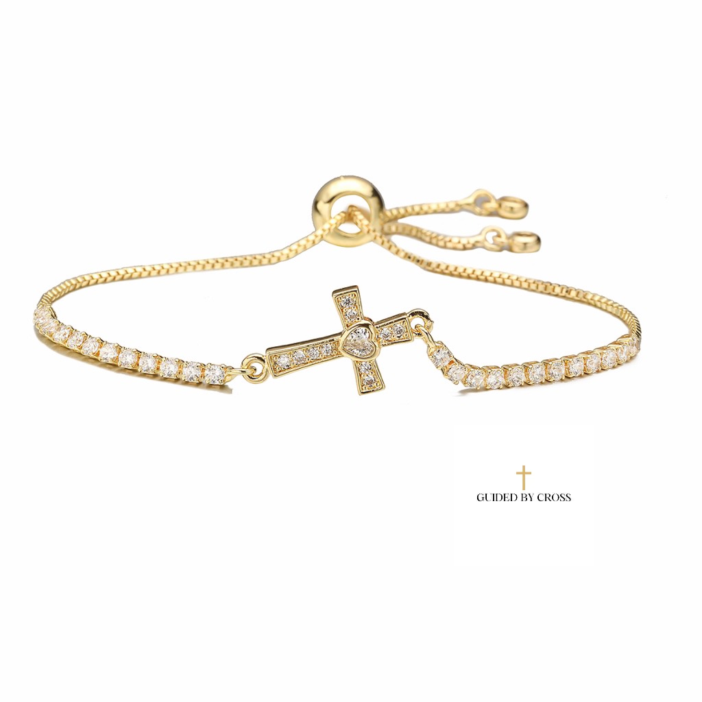 Gold Crystal Cross Tennis Bracelet - Adjustable Sliding Chain | GUIDED BY CROSS