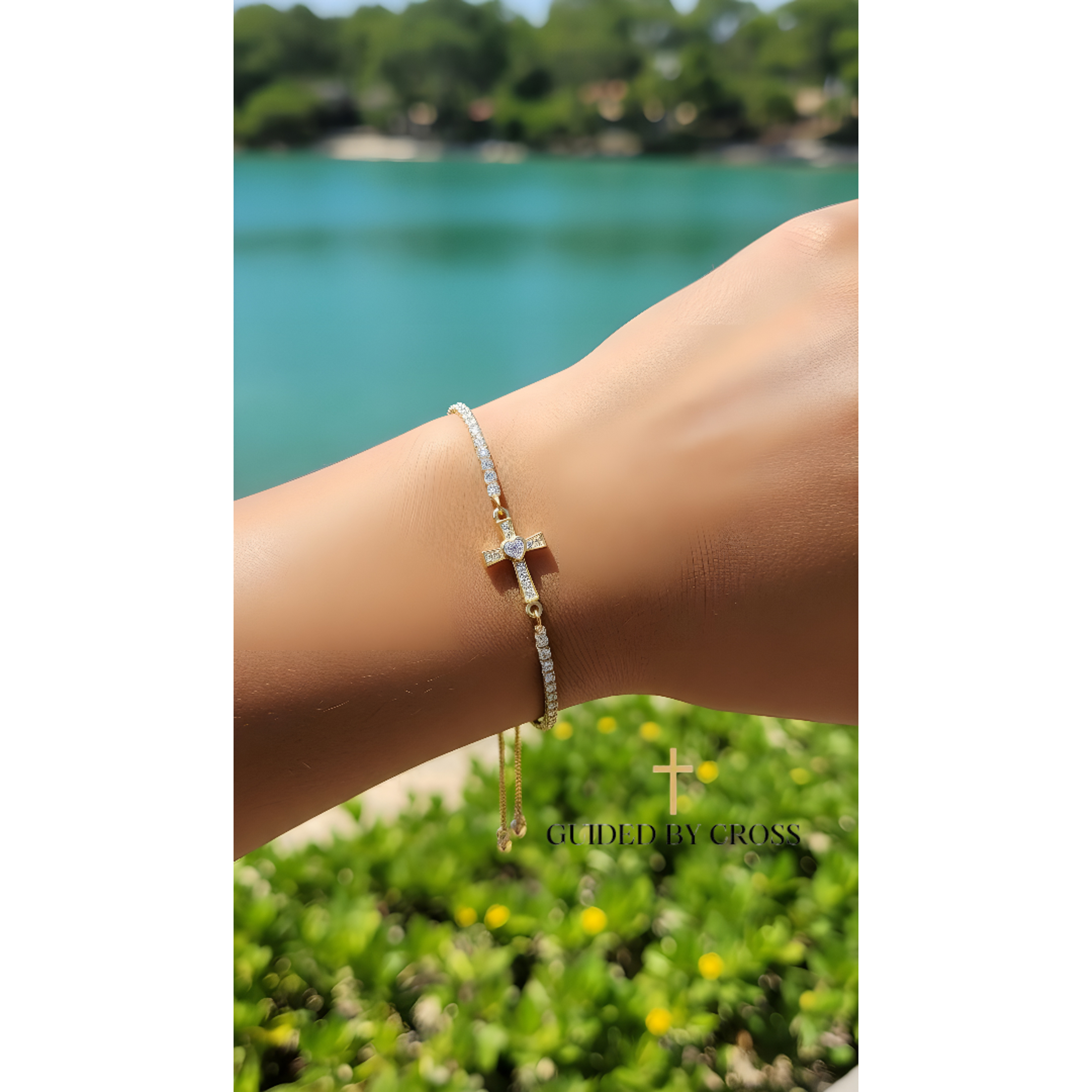 Gold Crystal Cross Tennis Bracelet - Adjustable Sliding Chain | GUIDED BY CROSS