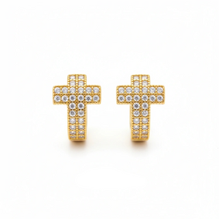 Gold cross earrings with clear stones on a white background, featuring 'Guided by Cross' branding.