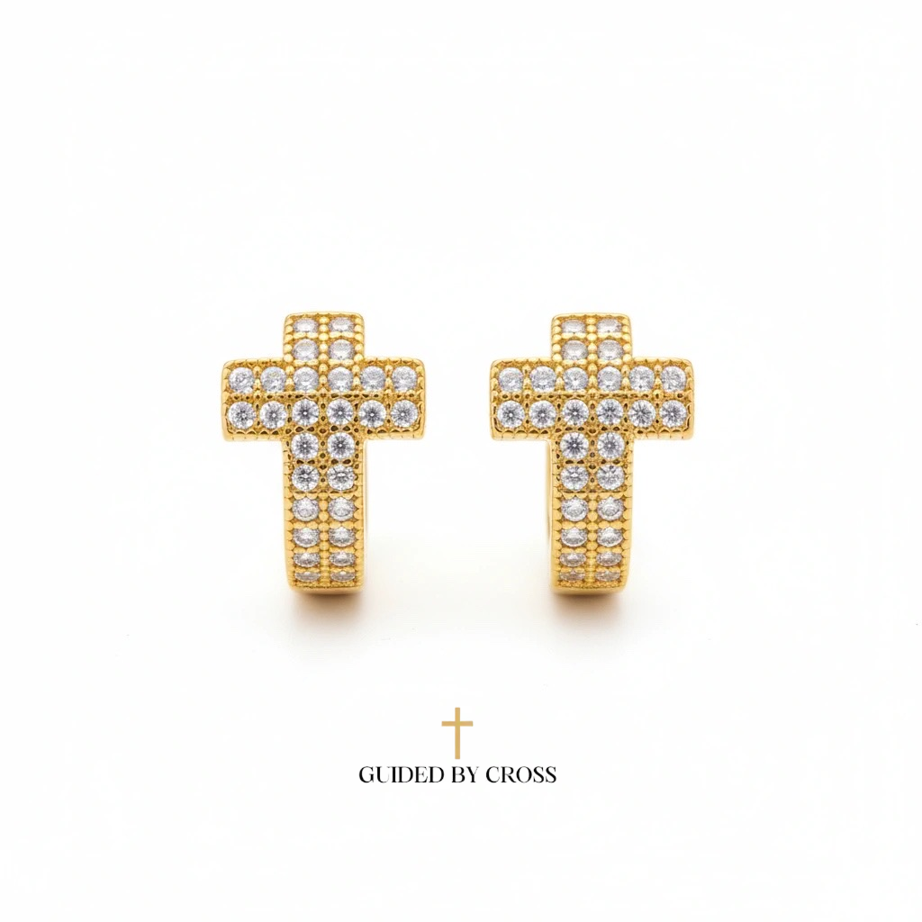 18K Gold Plated Crystal Cross Hoop Earrings - Full Pave Zirconia | GUIDED BY CROS