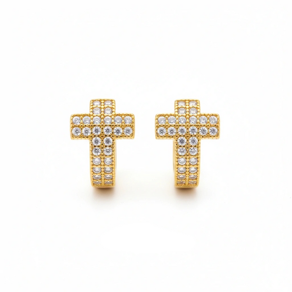 Gold cross earrings with clear stones on a white background, featuring 'Guided by Cross' branding.