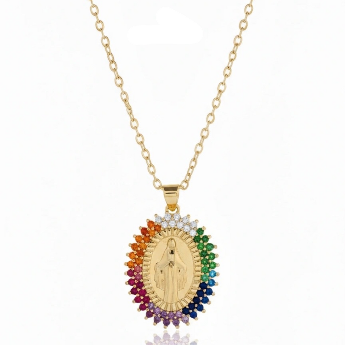 Gold necklace with a colorful pendant on a white background, branded 'Guided by Cross'.