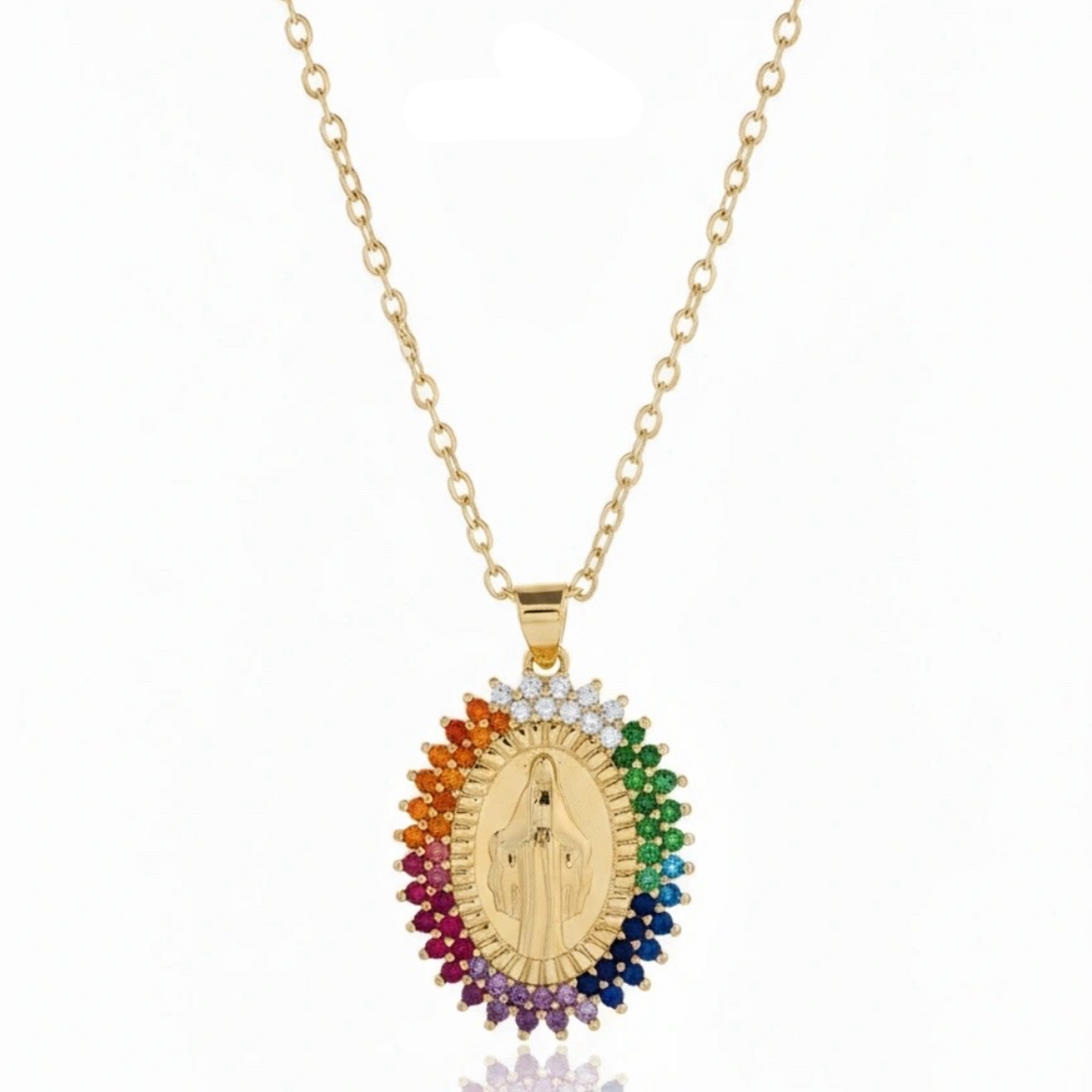 Gold necklace with a colorful pendant on a white background, branded 'Guided by Cross'.