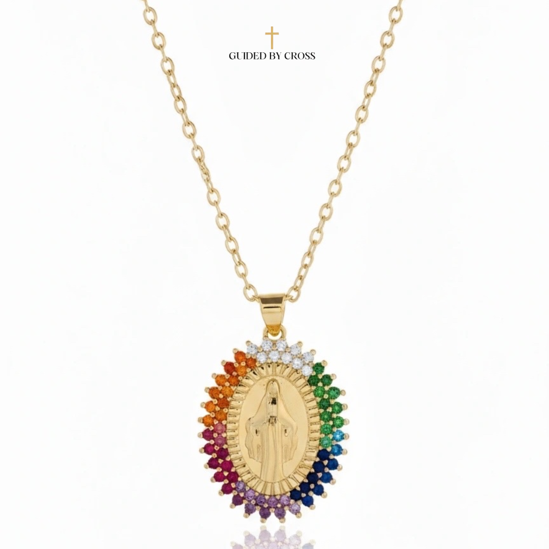 Rainbow Crystal Virgin Mary Necklace - 18K Gold Plated Miraculous Medal | GUIDED BY CROSS