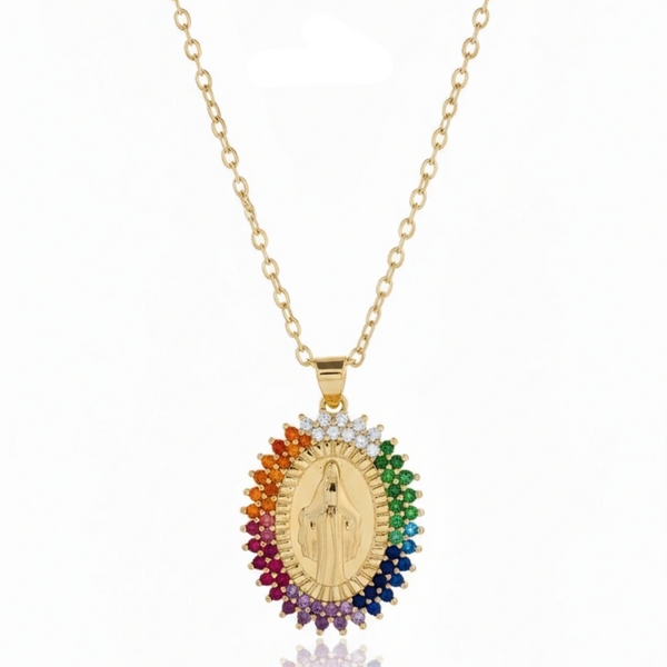 Gold necklace with a colorful pendant on a white background, branded 'Guided by Cross'.