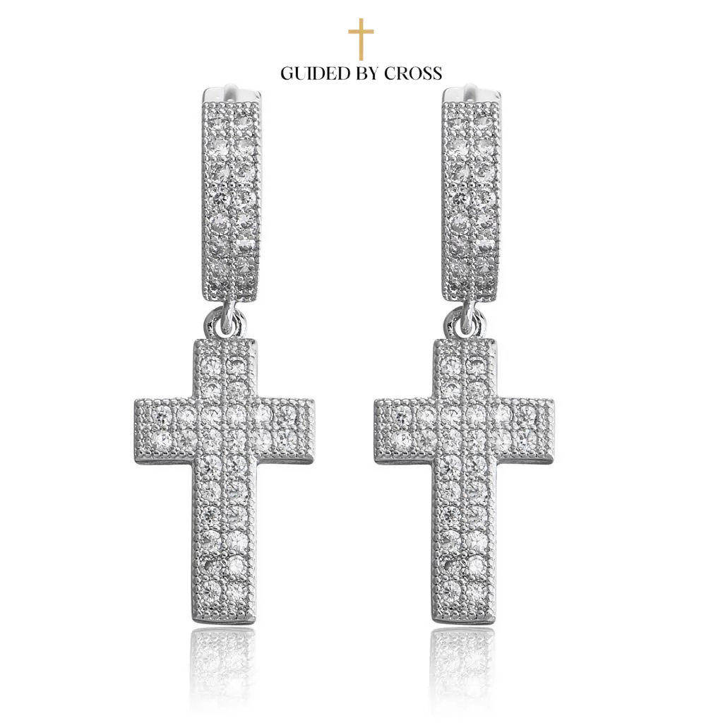 Silver Crystal Cross Hoop Earrings - Men's Hip-Hop Religious Jewelry | GUIDED BY CROSS