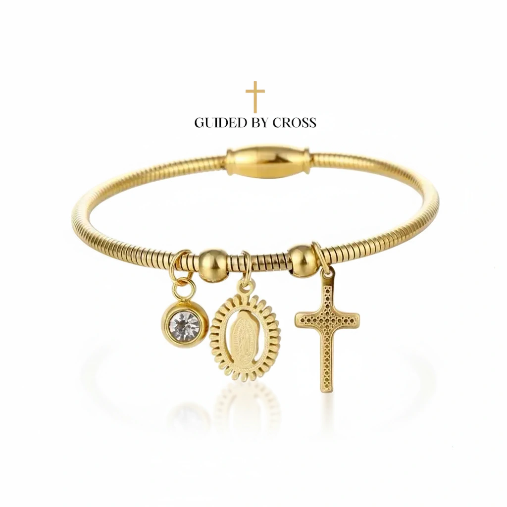 Gold Charm Bracelet with Virgin Mary & Cross - PVD Coated Stainless Steel | GUIDED BY CROSS