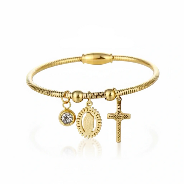 Gold bracelet with charms on a white background, branded 'Guided by Cross'.