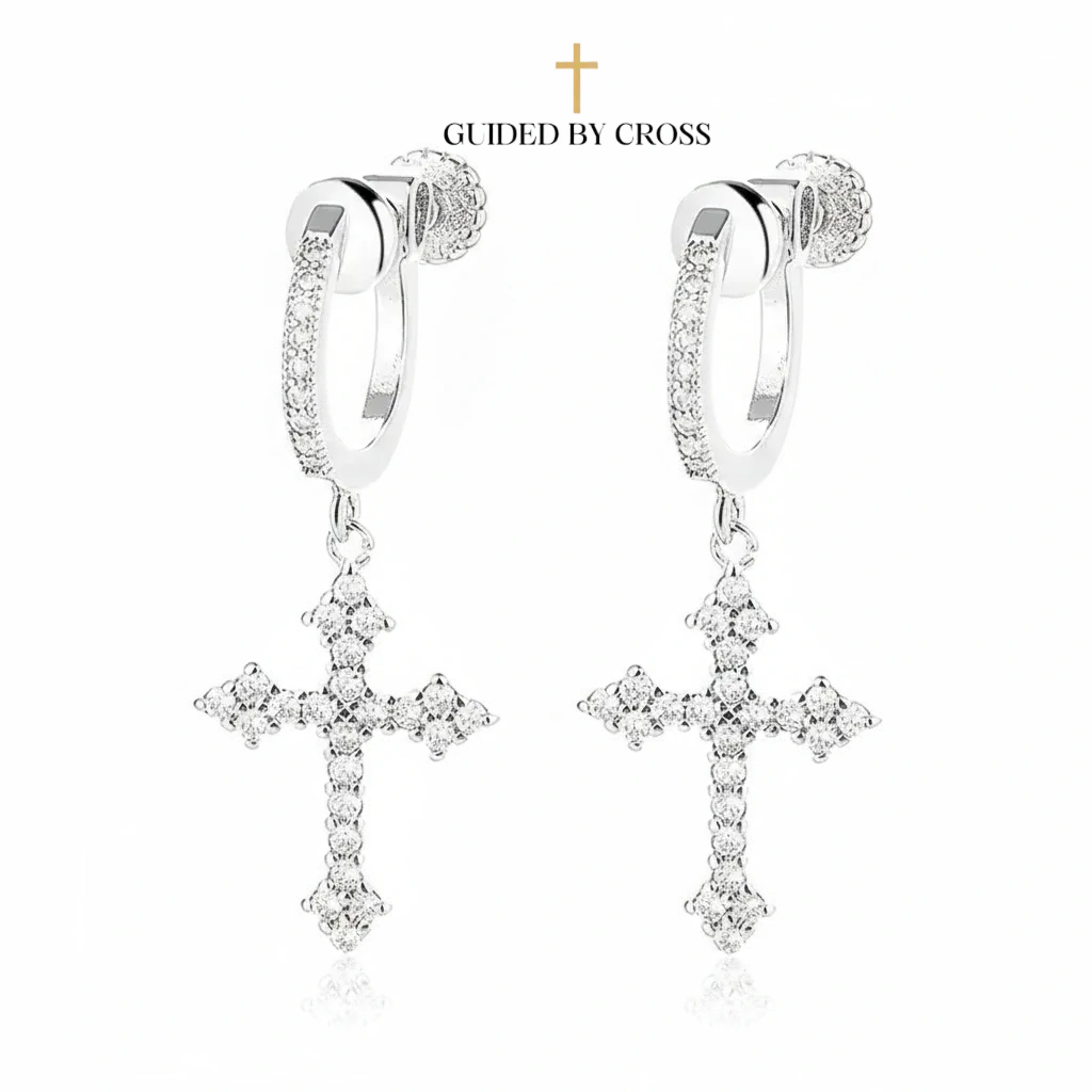 Gold Crystal Cross Hoop Earrings - Luxury Zirconia Drop Earrings | GUIDED BY CROSS