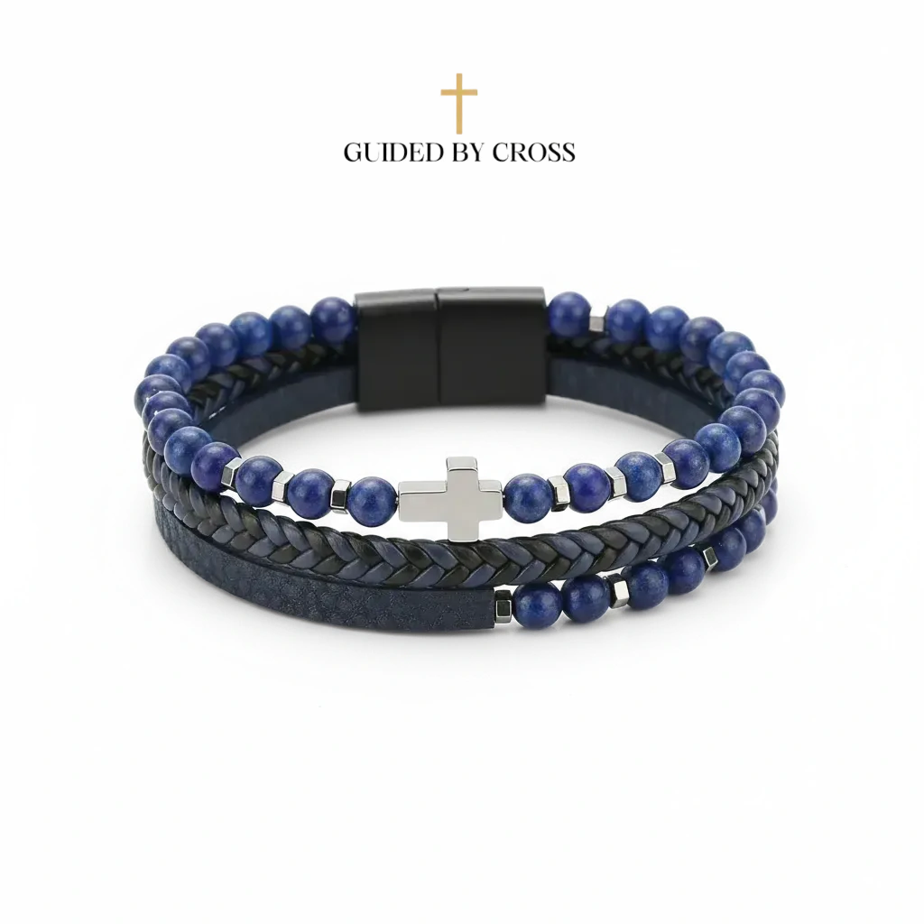 Men's Multi-Layer Cross Bracelet with Lapis Lazuli & Leather | GUIDED BY CROSS