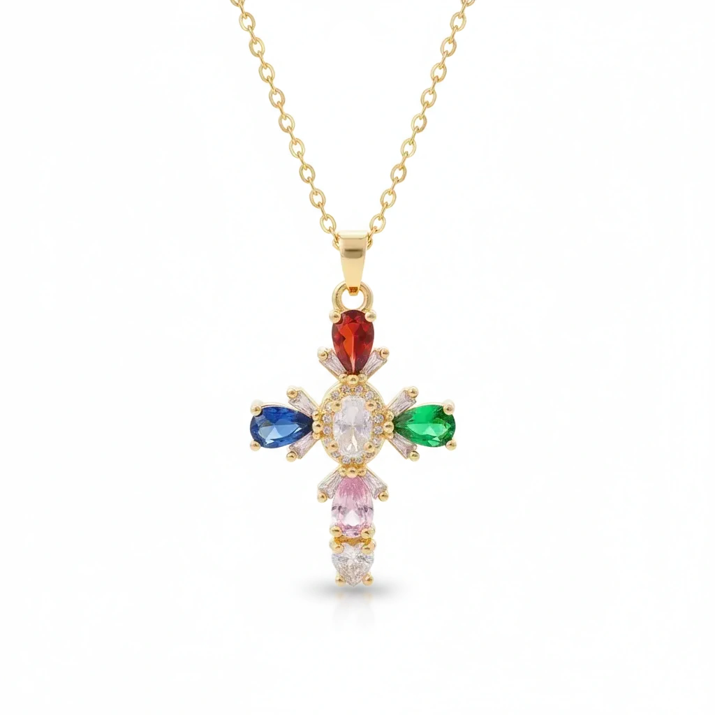 Gold cross pendant with colorful gemstones on a white background, branded 'Guided by Cross'.