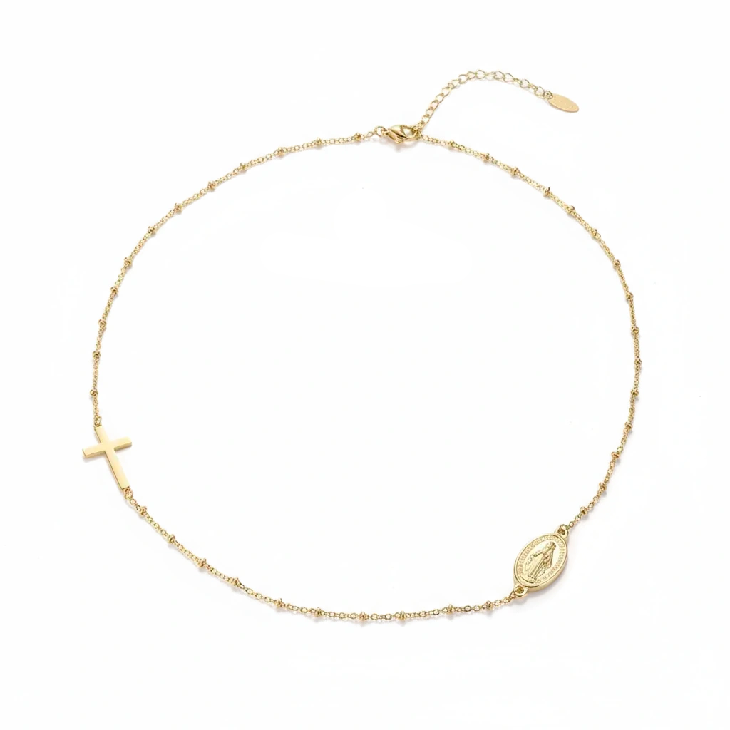 Gold necklace with religious symbols on a white background, featuring the brand 'Guided by Cross'.