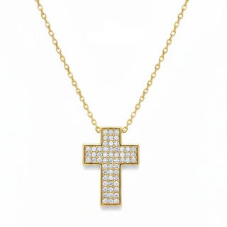 Gold cross necklace with clear stones on a white background, branded 'Guided by Cross'.