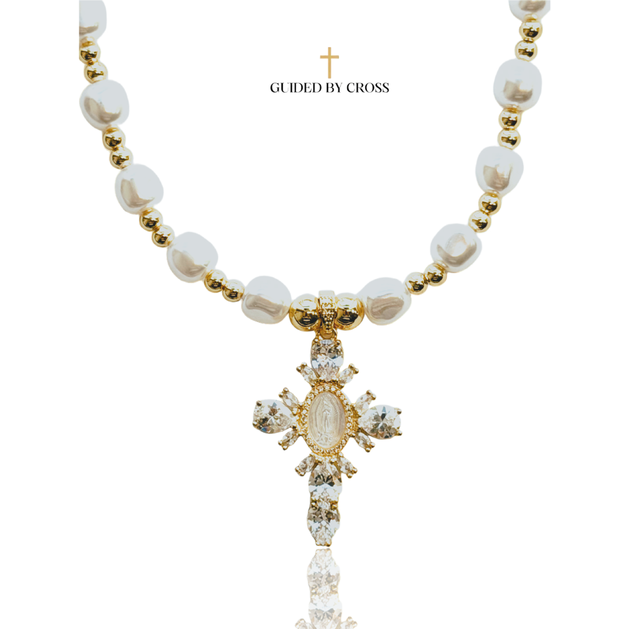 Pearl Beaded Crystal Cross Necklace - 18K Gold Plated Virgin Mary Jewelry | GUIDED BY CROSS