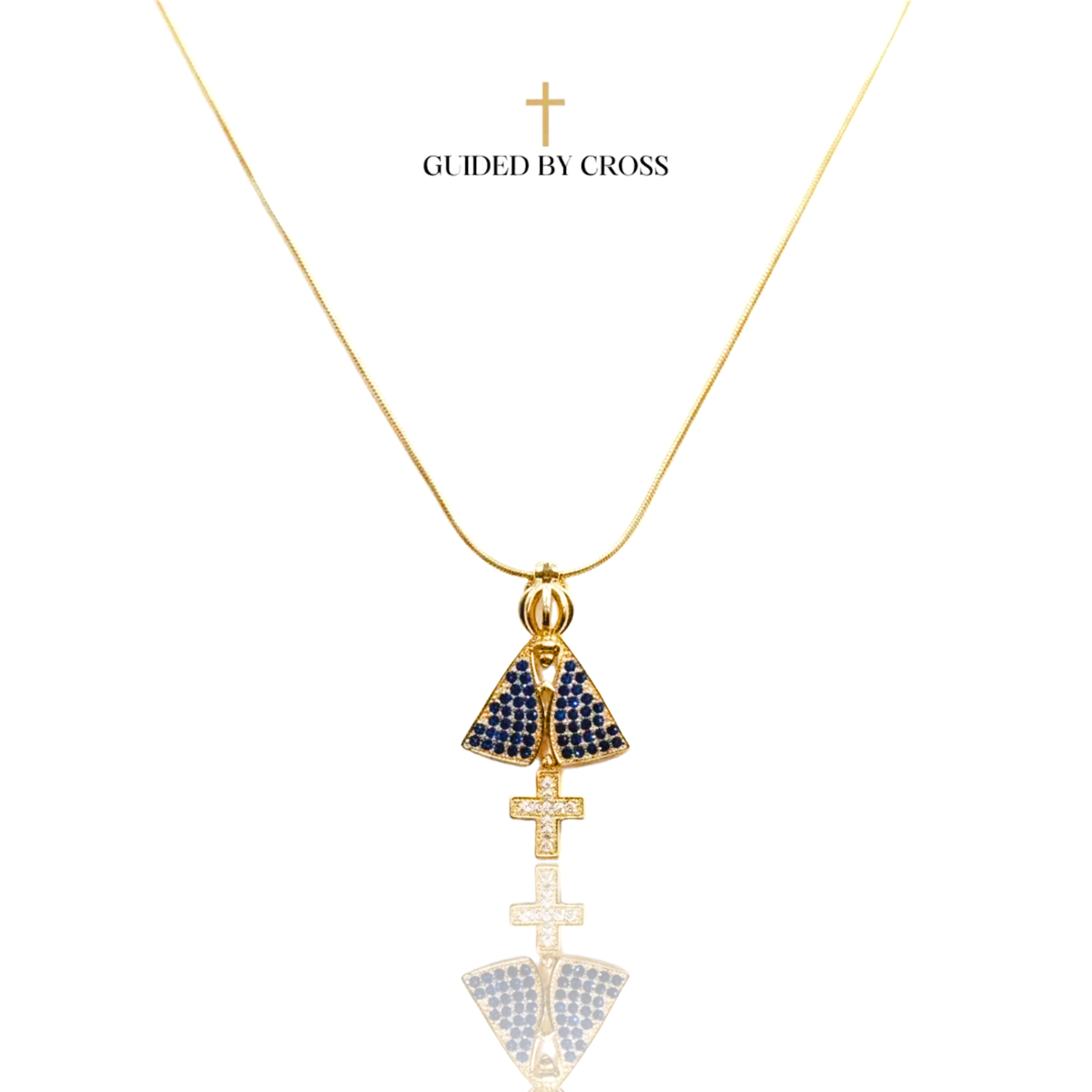 Blue Crystal Virgin Mary Triangle Necklace - 18K Gold Plated Hip-Hop Style | GUIDED BY CROSS