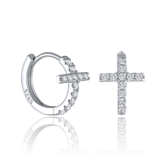 Silver cross earrings with 'Guided by Cross' branding on a white background