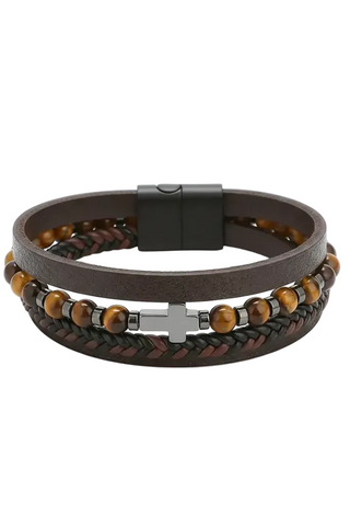 Men's Cross Bracelet with Tiger Eye & Leather