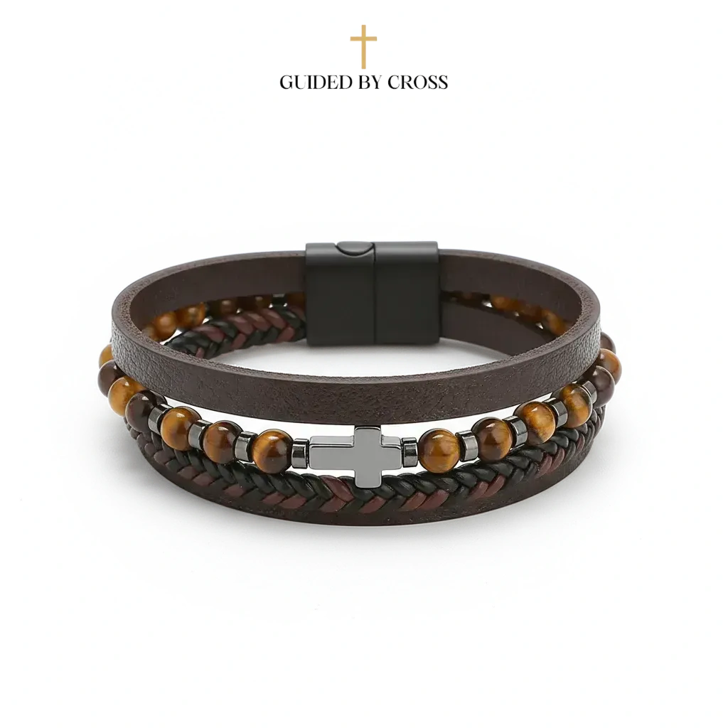 Men's Cross Bracelet with Tiger Eye & Leather - Multi-Layer Christian Jewelry | GUIDED BY CROSS