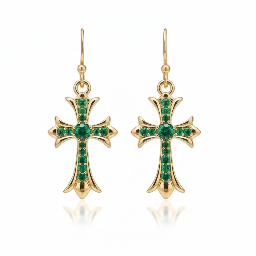 18K Gold Plated Green Crystal Cross Earrings